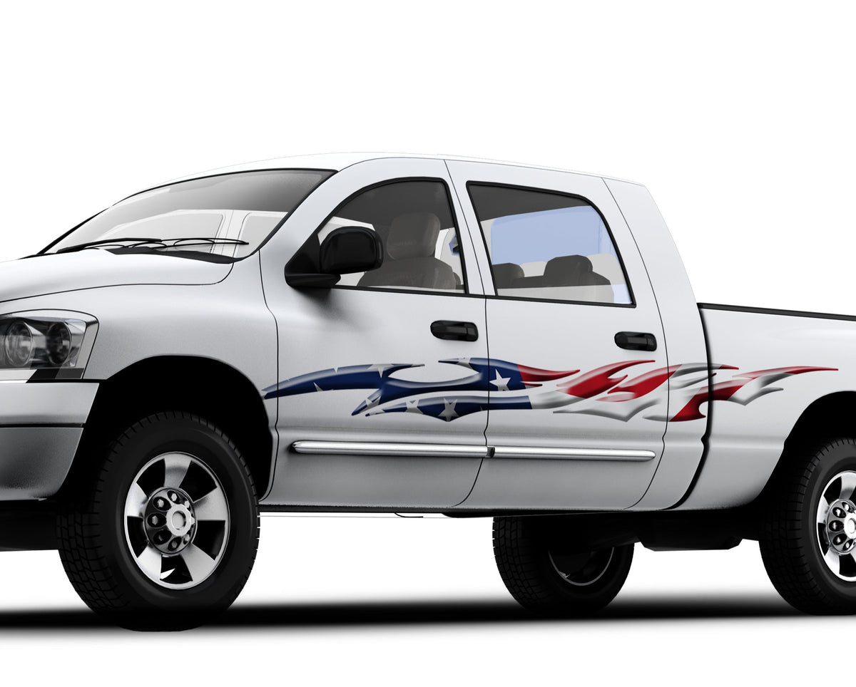 amerian flag flames graphics on the side of white truck